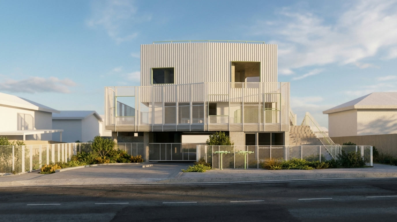 Blaxcell Street, South Granville — early-learning centre wrapped in a white expanded-metal screen designed by Metric Engineering (project render)