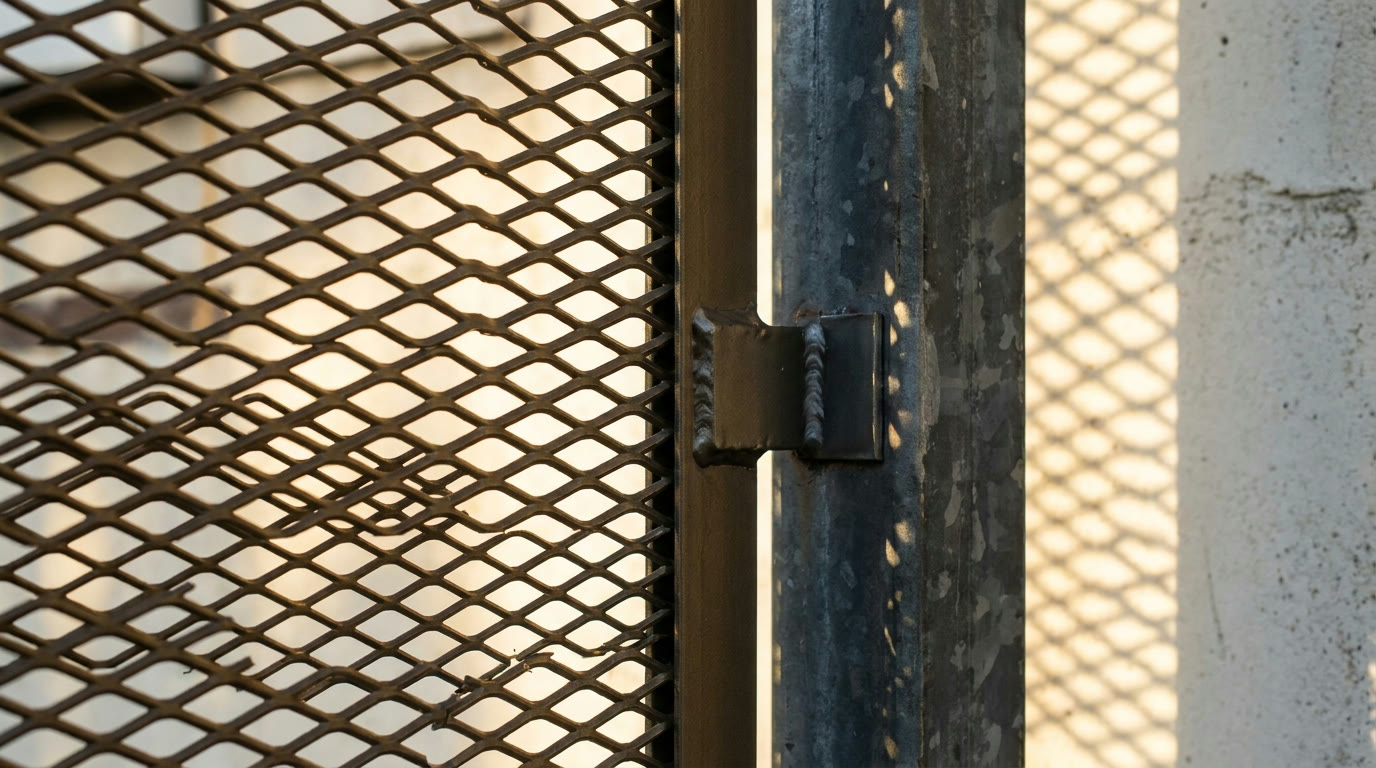 Expanded-metal mesh screen panel fixed to a steel sub-frame, sunlight dappling through — detail visualisation