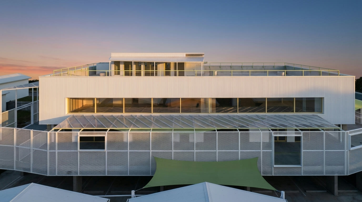 Dusk fly-in of the Blaxcell Street early-learning centre — project render