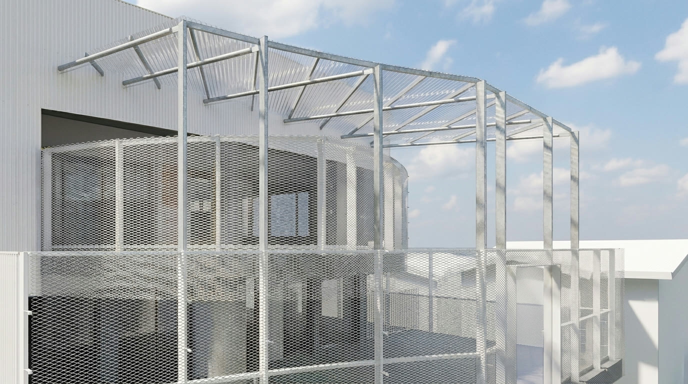 Expanded-metal mesh screen wrapping the balcony with steel shade frame above — project render