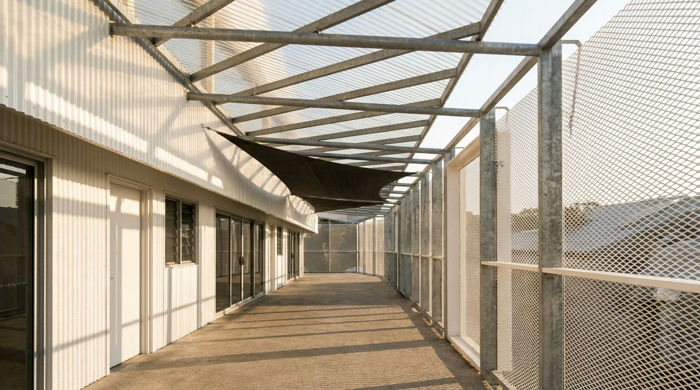 Covered walkway with galvanised steel shade structure, polycarbonate roof and tensioned mesh sail — project render